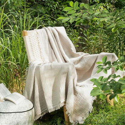 MooMee 100% Cotton Muslin Blanket, Fringed 4-Layer Gauze Bed Couch Throw - color: Cream Grey, size: Throw
