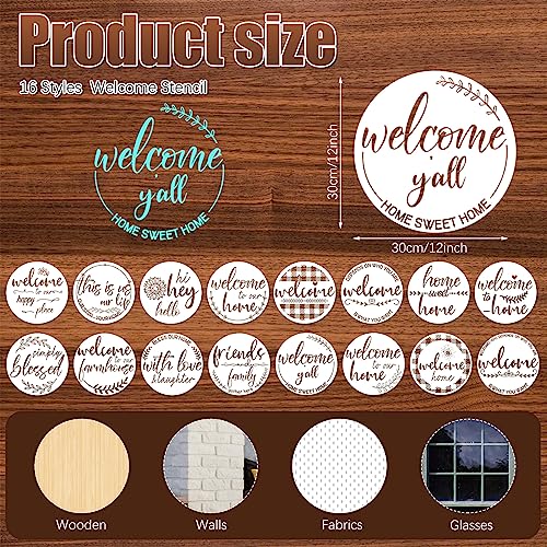 Kigley 16 Pcs Welcome Stencils for Painting on Wood 12" Large Round Letters Door mat Stencils Templates Farmhouse Paint Stencil for Wood Door Hanger Sign Reusable(Welcome)