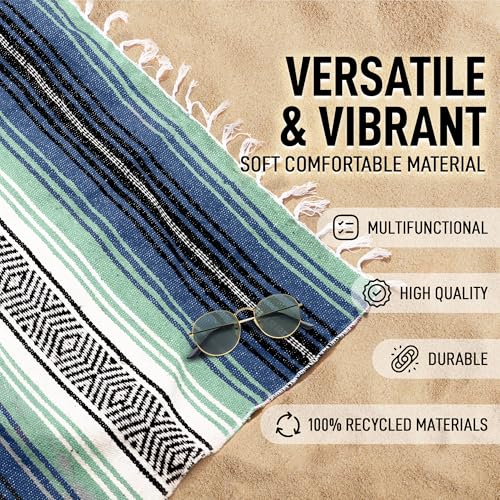 Hydration Nation Authentic Large Handwoven Mexican Blanket - Soft Yoga- Durable Serape- Lightweight Falsa, Beach, Camping, Picnic, Outdoor Blanket 70"x50" - Arctic - color: Arctic
