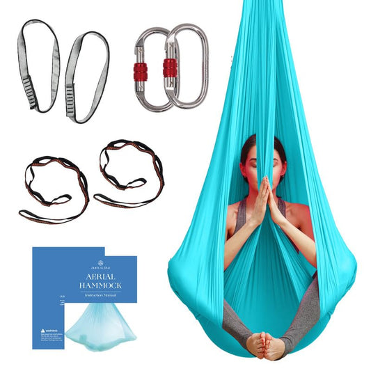 Aerial Yoga Hammock Swing, 4.5 Yards, Aerial Silks with Hardware | Knitted fabric with extension straps and a pose guide for aerial yoga, home gym and studio practice, suitable for all levels - color: Sky-Blue, size: 4.5 yards
