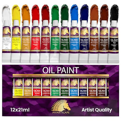 MyArtscape Oil Paint Set - 12 x 21ml Artist Oil Paint Tubes | Rich pigment oil paint set with smooth blending glossy finish and excellent coverage for canvas painting