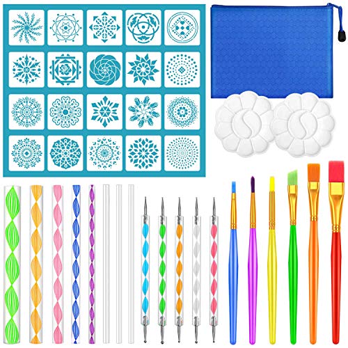 Mandala Dotting Tool Art Kit, Audab 42 Pcs Mandala Rock Dotting Set with Stencil Templates, Stylus Pens Paint Tray and Paint Brushes for Mandala Rock Painting