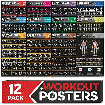 [12-PACK] Laminated Large Workout Poster Set - Perfect Workout Posters for Home Gym - Exercise Charts Incl. Dumbbell, Yoga Poses, Resistance Band, Kettlebell, Stretching & More Fitness Gym Posters - style: Dark