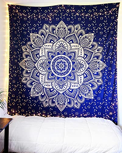 Rajsee Blue Gold Mandala Tapestry - Bedroom Aesthetic - Indie Boho Trippy Large Wall Hanging - 82x92 Inches - color: Blue and Gold, size: 92"L x 82"W