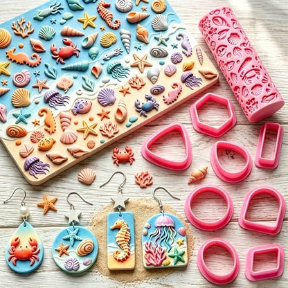 Summer Ocean Polymer Clay Texture Roller Underwater Oceanic Marine Life Jellyfish Coral Starfish Shell Texture Roller for Clay Geometric Polymer Clay Cutters Set Earring Jewelry Making Crafts Tools