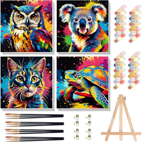Arttoplus 4 Pack Paint by Numbers Kit for Kids with Frame 8x8in, Animals | Kids Paint by Numbers Ages 4-8-12 with Wooden Easel, Easy Owl Koala Cat Turtle DIY Oil Painting by number for Gift Home Decor - color: BKH2366+BKH2367+BKH2368+BKH2369-US