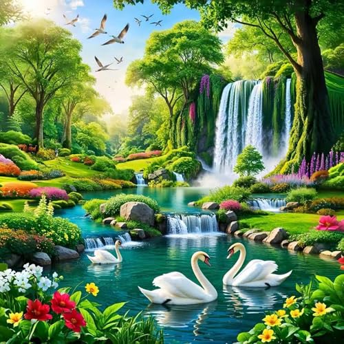 Waterfall Diamond Art Kits for Adults,5D Round Drill Diamond Painting Kits,DIY Swan Diamond Painting Kits for Gem Art,Forest Paint by Diamonds Dot Art Crafts for Home Wall Decor 13.7 X 13.7Inch - color: GM8848