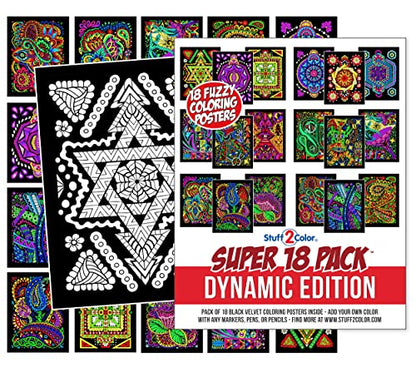 Super Pack of 18 Fuzzy Velvet Coloring Posters (Dynamic Edition) - Great for Family Time, Arts & Crafts, Travel, At Home, Care Facilities [All Ages Coloring: Girls, Boys, Adults, Toddlers, Teens]