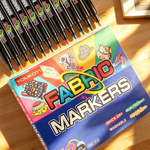 YOUKOYI Fabric Markers, 12 Colors Acrylic Paint Pens, Fabric Decorating Kits No Bleed Waterproof Quick Dry Fabric Paint Pens for Fabric DIY, Crafts, Wood, Ceramic, Sneakers, Bags, Shoes, Textile - color: 12 Colors