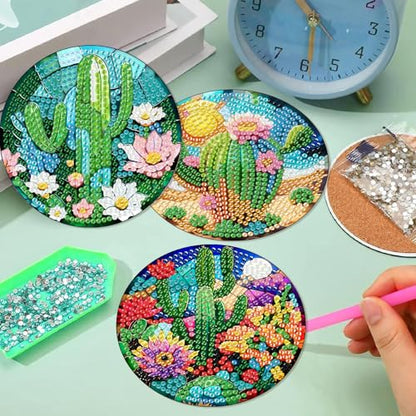 Mrnsiet 8PCS Diamond Art Coasters with Holder, DIY Cactus Diamond Painting Coasters Kits for Adults, Non Slip Cactus Mosaic Dot Painting Coaster Gift Set for Beginners 4x4 Inch - color: BDWY354-US