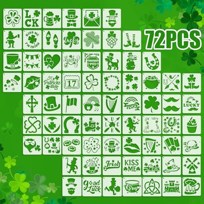 72 Pcs St Patricks Day Stencils for Painting Set, Reusable Shamrock Leaf Hat Beer Mugs Painting Templates - Stencil Crafts Drawing Templates for DIY Scrapbook, Home Wall Murals, Canvas Wood Signs - style: St Patricks Day
