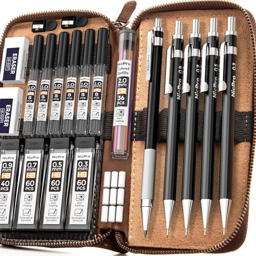 Nicpro 29PCS Black Metal Mechanical Pencil Set in Leather Case, 0.3, 0.5, 0.7, 0.9 & 2mm Lead Pencil Holder, (6B 4B 2B HB 2H 4H) Lead Refills (Black & Colors), Eraser For Art Drafting Sketching - color: Black, size: 1 Count (Pack of 5)