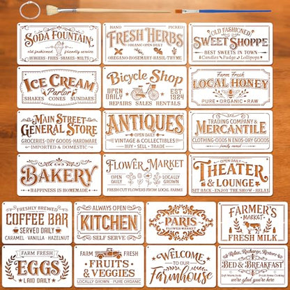 20pcs Farm Stencils for Painting Stencils for Crafts Reusable | Rustic Farmhouse Sign Drawing Stencil Painting on Wood Wall Furniture Card Canvas Paper Fabric Scrapbook Photo Album - style: Farmhouse
