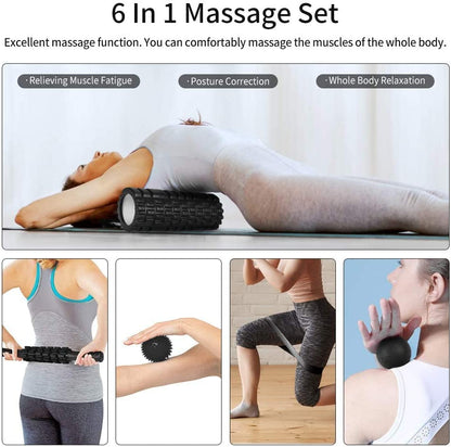 Aucuu 6 in 1 Foam Roller Set Includes Hollow Core Massage Roller, Yoga Stick, Massage Ball, Fitness Stretching Strap, Carrying Bag, Towel, Massage Roller (Black) - color: Black