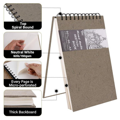 5.8" x 8.3" Mixed Media Sketch Book,Spiral Bound Hardcover Sketchbook,60 Sheets 92lb/150gsm Neutral White Acid Free Paper,Art Journal Sketchbook for Drawing Writing Sketching Illustration,Dark Grey - color: Neutral White-Dark Grey