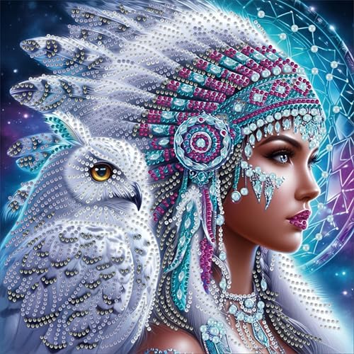 KUFWKEY Native Woman DIY 5D Partial Diamond Painting Kit for Beginners, Owl Diamond Art Kits for Adults,Special Shaped Crystal Sparkling Diamond Art, Frameless Diamond Mosaic Gem Art,12X12 inch - color: LW010