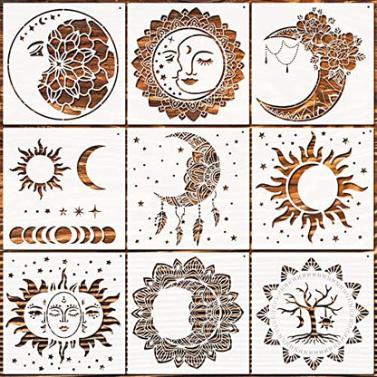 Zubebe 9 Pieces Mandala Sun and Moon Wall Stencil 11 x 11 Inches Moon Sun Flower Mandala Tile Stencils Reusable Painting Templates with Metal Open Ring for DIY Scrapbooks Wood Home Painting