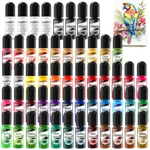 Acrylic Ink - 54 Colors Alcohol Ink Set, Quick Dry Acrylic Drawing Inks | for Artists, Pearl Colors Long Last Epoxy Dye for Resin Art, Painting, Petri Dish Making, Quick Blending