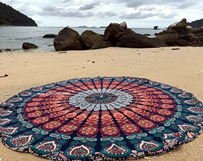 raajsee Round Beach Tapestry Blue Orange Mandala Throw/Boho Hippie Beach Blanket Roundie/Indian Cotton Bohemian Large Round Table Cloth/Yoga Mat Meditation Picnic Rug 70 inch - color: BLUE ORANGE