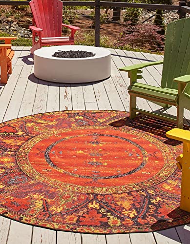 Unique Loom Outdoor Tribal Collection Area Rug - Quepos (7' 1" Round Multi/Black) - size: 7'1" (Round)