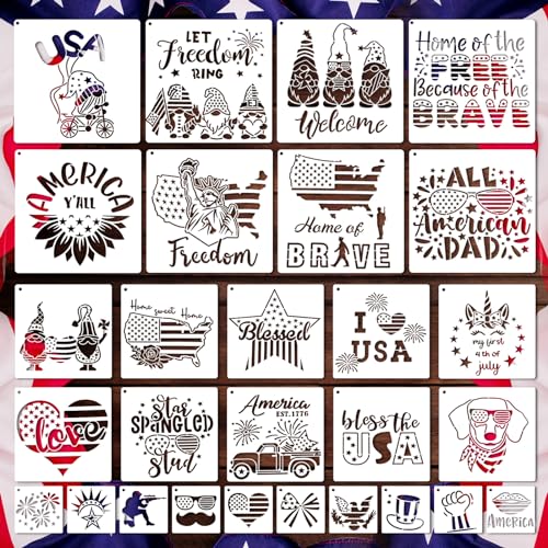 OOTSR Patriotic Stencils for Painting, 28 PCS 4th of July Reusable Stencil Templates for Cookie Cake Scrapbooking Wood Drawing, American Independence Day Stencil for Art Projects DIY Decoration