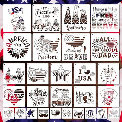 OOTSR Patriotic Stencils for Painting, 28 PCS 4th of July Reusable Stencil Templates for Cookie Cake Scrapbooking Wood Drawing, American Independence Day Stencil for Art Projects DIY Decoration