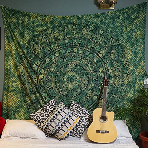 Craft Trade Indian Cotton Mandala Wall Hanging Tapestry for Aesthetic Boho Hippie Living Room, Meditation & Bedroom Décor - Green - 84x90 Inches - color: Green, size: 84"L x 90"W