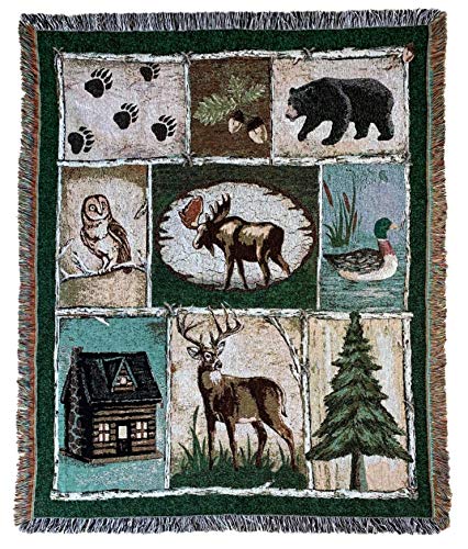 Moose Bear Lodge Woven Tapestry Throw Blanket 50"x60" | Wildlife lodge wall hanging art, jacquard woven, soft travel mat, fringe tassels, multipurpose indoor outdoor use - color: Moose