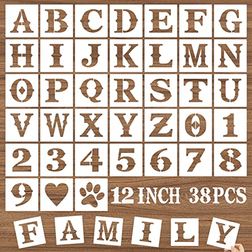 12 Inch Letter Stencils and Numbers, 38 Pcs Alphabet DIY Craft Stencils, Reusable Plastic Drawing Templates for Painting on Wood, Wall, Fabric, Rock, Floor, Signage, Door Porch - size: 12 Inch