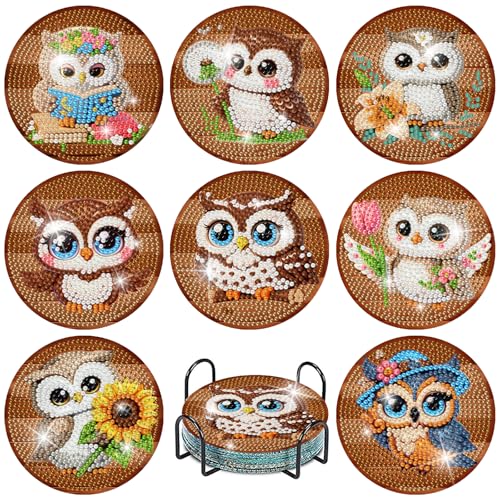 Mrnsiet 8PCS Owl Diamond Art Coasters Kits with Holder, DIY Owl Diamond Painting Coasters for Adults, Non Slip Mosaic Dot Painting Coaster with Cork Pads for Beginners 4x4 Inch - color: BDWY421-US
