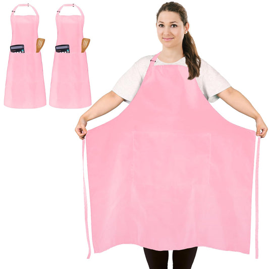 2 Pack Plus Size Waterproof Cooking Chef Apron with 2 Pockets for Men Women | Extra Large Design, Adjustable Neck Straps, Long Waist Ties, Professional Bib Aprons for Kitchen, Grilling, Gardening, Baking - color: Pink