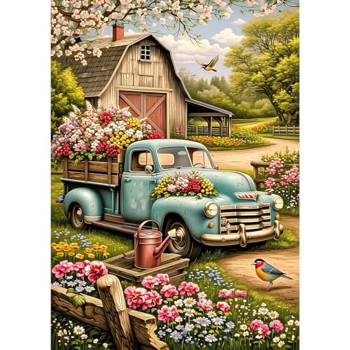 MXJSUA Flower Truck Farm Diamond Art Painting Kits for Adults, Full Drill 5D Round Dots Diamonds Paint Picture for Beginners, Gem Art Painting Craft Kits for Home Decor Gift 12x16 inch - color: Flower Truck Farm