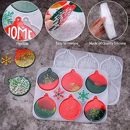 Sakolla Christmas Resin Molds 2 Pack Christmas Silicone Molds Ornaments Resin Molds Round Shape Lettered Pendant for Epoxy Resin Casting DIY Jewelry Keychain Snowflakes Crafts - color: Round/White