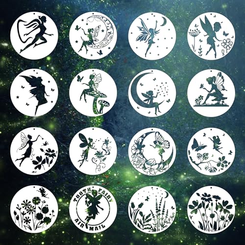 Keluna Fairy Stencils for Painting - 16 Pcs Template for Scrapbook Decor, Flower Moon Stencils for Painting on Wood Glass Canvas Decor, Tooth Fairy Wild Flower - style: fairy