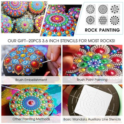 Augshy Mandala Dotting Tools Painting Kit, 58Pcs Dotting Tools for Painting DIY Rock Template Stencils Kit Brush Tray Pen Zipper Bag for Stone Canvas Mandala Arts - style: Mandala Style B