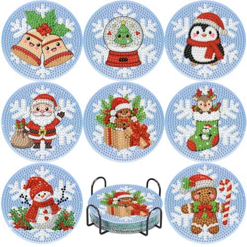 Mrnsiet 8PCS Christmas Diamond Art Coasters Kits with Holder, DIY Winter Diamond Painting Coasters for Adults, Non Slip Mosaic Dot Painting Coaster with Cork Pads for Beginners 4x4 Inch - color: Bdwy524-us