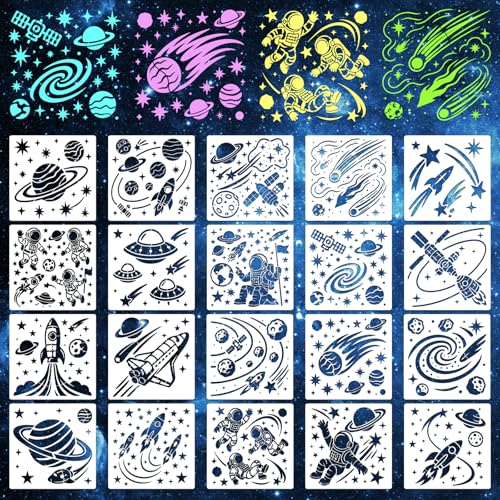 Space Astronaut Stencils for Crafts Reusable 20Pcs Stencils(5.9X5.9 inch) | DIY Art Painting Stencil Furniture Decor Kit for Wood Embroidery Wall Silk Screen Journaling - color: Space 2