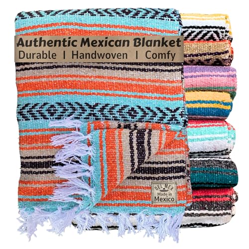 Del Mex Classic Mexican Blanket, Large Authentic Woven Falsa Throw (70"x50"), Artisan Southwest Décor for Beach, Yoga, Outdoors (Mint/Tan/Orange) - color: Mint/Tan/Orange