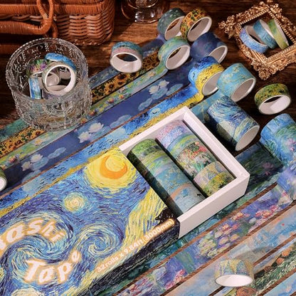 emmoolife 32 Rolls Washi Tape Set, Oil Painting Decorative Masking Tape, Van Gogh Adhesive Tape for Bullet Journal, DIY Crafts Gift, Party Decorations, Junk Journal, School Supplies - style: Oil Painting