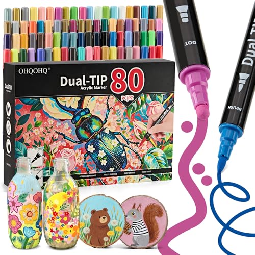 Acrylic Paint Markers 80 Colors with Dot Tip and Fine Tip | Ideal for Rock Painting, Stone, Wood, Paper, Canvas, Ceramic, Glass, Fabric & DIY Crafts - size: 80 Count (Pack of 1)