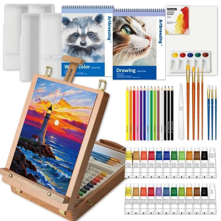 Mixed Media Art Set with Art Easel, Complete Art Supplies Kit | 55pc All-in-one Art Painting Kit, Tabletop Easel for Painting, Assorted Painting Supplies, Giftable Art Kit for Adults, Kids