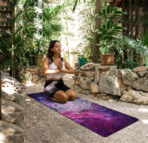 nuveti Printed Travel Yoga Mat 1/16 Inch Thick Non Slip Fitness Workout Mat | with Carrying Bag, Foldable Lightweight Suede & Natural Rubber Yoga Mat for Yoga Pilates and Fitness 72" L x 24" W x 1.5mm - color: HaoHan-New