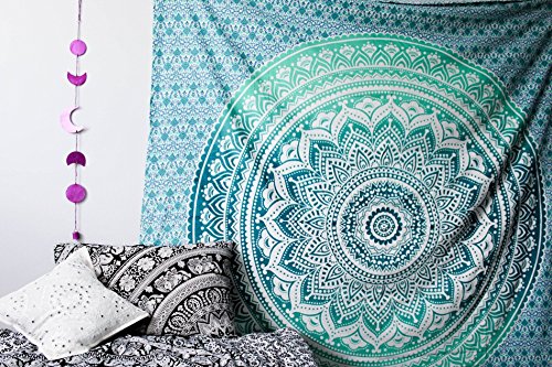 raajsee Indian Cotton Green Tapestry Mandala Wall Hangings- Tapestry For Bedroom - Indie Wall Tapestry Hippie Room Decor - Boho Small Tapestrys Aesthetic 30x40 Inches - color: Green Ombre, size: 40"L x 30"W