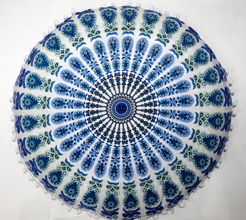 INDIAN CRAFT CASTLE ICC 32 Inch Large Round seat Floor Cushion Cover Chair Ottoman Pouf Pillow Cover Meditation Floor Cushion Covers Seating pouffe Throw Covers Sky Blue - color: Sky Blue