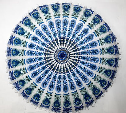 INDIAN CRAFT CASTLE ICC 32 Inch Large Round seat Floor Cushion Cover Chair Ottoman Pouf Pillow Cover Meditation Floor Cushion Covers Seating pouffe Throw Covers Sky Blue - color: Sky Blue