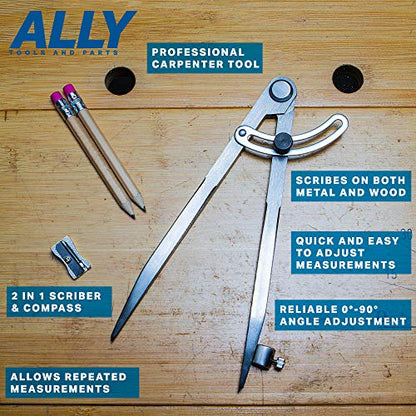 ALLY Tools 8 Inch Precision Locking Wing Divider/Woodworking Compass with Pencil Holder INCLUDES Two Pencils and Pencil Sharpener Ideal for Drawing, Drafting, Carpentry
