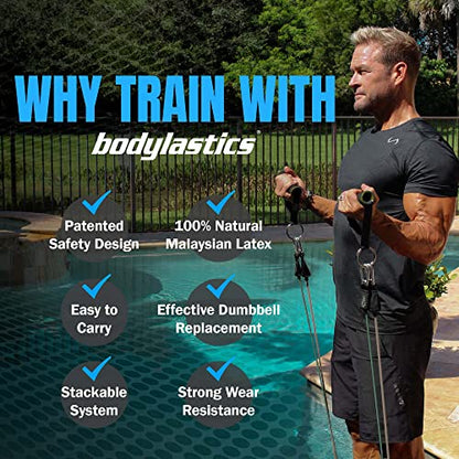 Bodylastics 특허받은 베이직 시리즈 저항 밴드 세트 - 스냅 감소 기술이 적용된 저항 밴드, 손잡이 2개, 발목 스트랩 2개, 도어 앵커 1개 및 휴대용 가방 1개 - color: PRO Max 127kg(280파운드) 세트 모듬