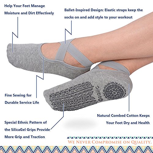 Ozaiic Pilates Socks for Women Non Slip Grip Yoga Barefoot Indoor Workout | Breathable cotton grippy sock, slipper sticky socks, one size fits women for barre, ballet, dance, hospital, home - color: 2p- Black/Gray