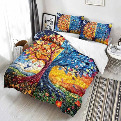 AILONEN Blue Gold Tree of Life Duvet Cover Set King,Sun and Moon Boho Bedding Set,3 Pieces Plant Tree Quilt Cover with 2 Pillowcases - color: S-tree of Life29, size: King