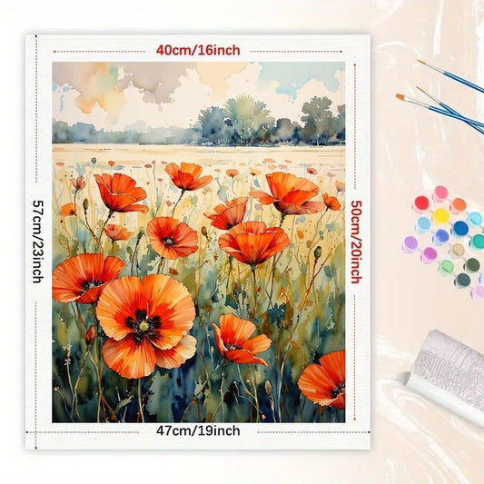 Floral Paint by Numbers Kit for Adults - DIY Orange Poppies in Sunny Field Painting on Canvas 16x20 Inches, Acrylic Paint Set, Suitable for Beginners, Garden Art for Home Decoration or Gifts - color: HSX01080, size: 16X20IN Folded